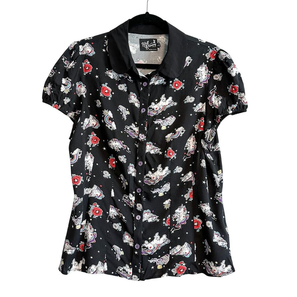 Hell Bunny Black Floral & Unicorn Button-Up Blouse